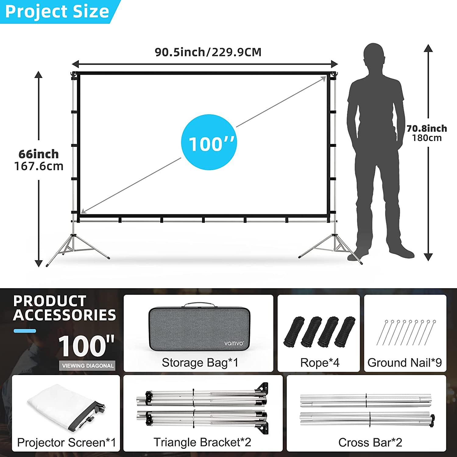 Outdoor Indoor Projector Screen with Stand Foldable Portable Movie Screen 100 inch Full-Set Bag for Home Theater Camping and Recreational Events