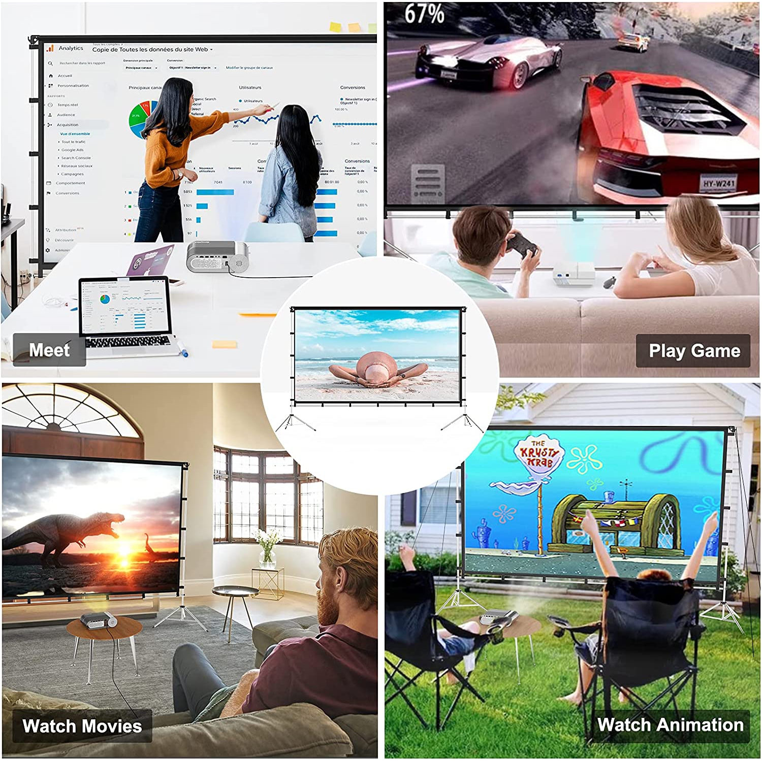 Outdoor Indoor Projector Screen with Stand Foldable Portable Movie Screen 100 inch Full-Set Bag for Home Theater Camping and Recreational Events