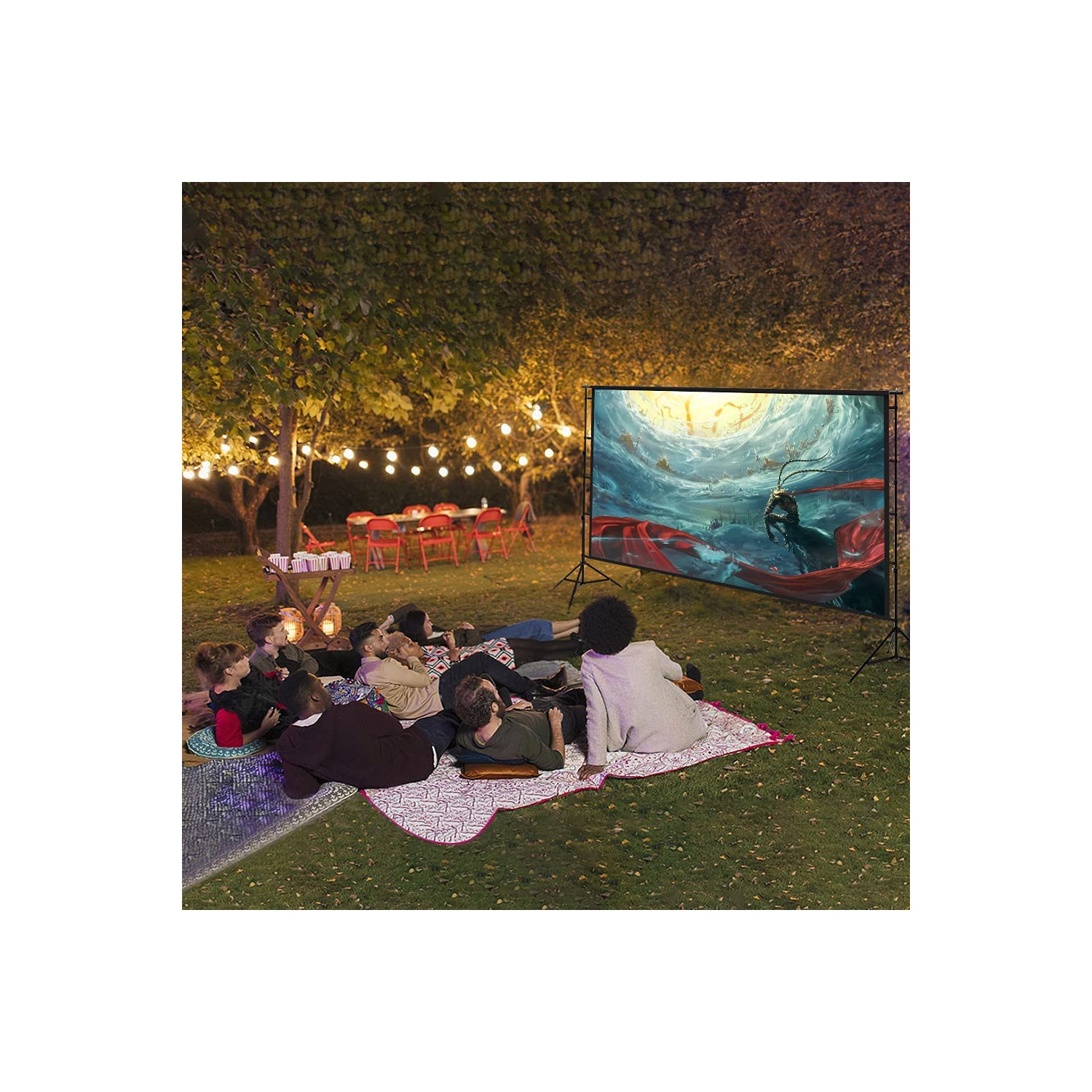 Projector Screen with Stand 100 inch, Projector Screen 16:9 Portable for Home Theater, Outdoor Indoor Party, Backyard Cinema.