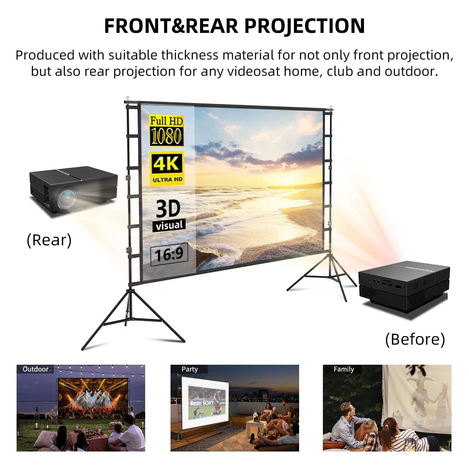 Projector Screen with Stand 100 inch, Projector Screen 16:9 Portable for Home Theater, Outdoor Indoor Party, Backyard Cinema.