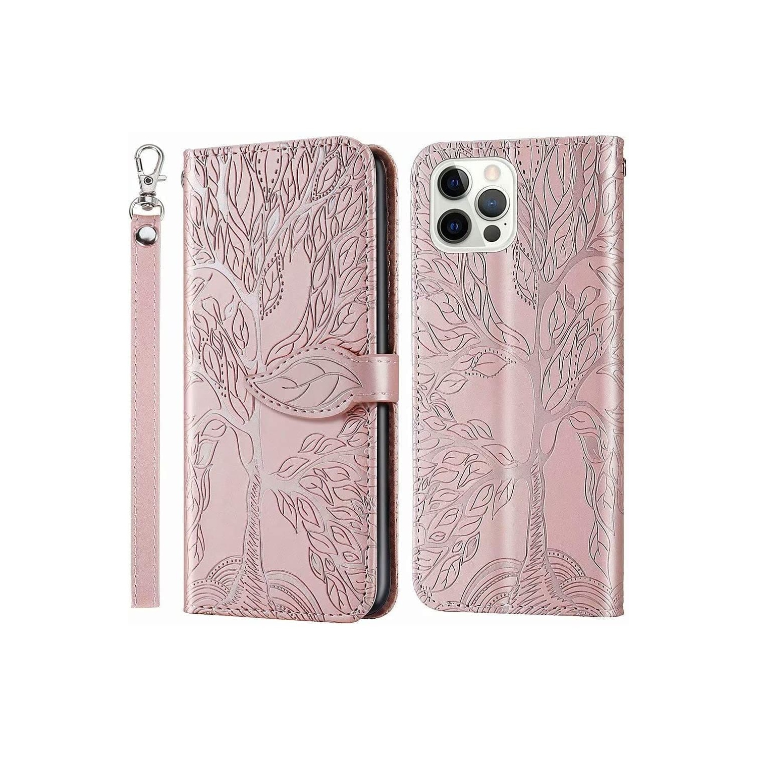 Premium PU Leather Embossed Tree Wallet Phone Case with card slots and wrist strap for iPhone 12 Pro Max A2410 A2342