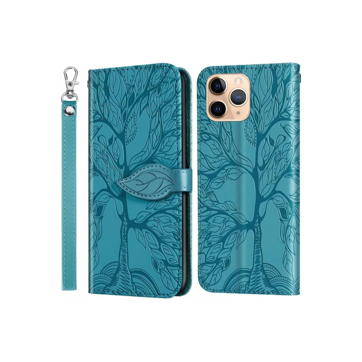 Premium PU Leather Embossed Tree Wallet Phone Case with card slots and wrist strap for iPhone 11 Pro A2160 A2215