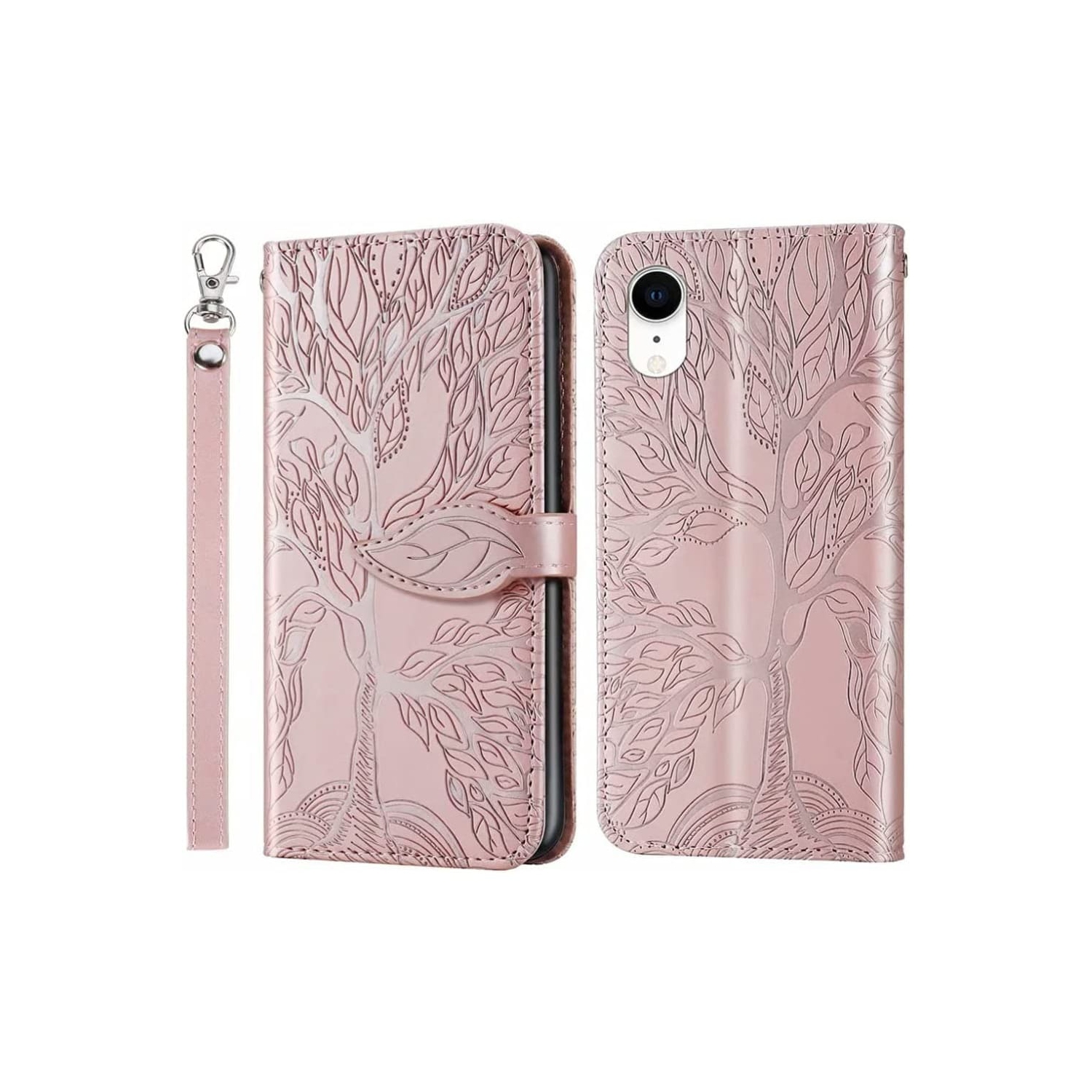 Premium PU Leather Embossed Tree Wallet Phone Case with card slots and wrist strap for iPhone XR A1984 A2105