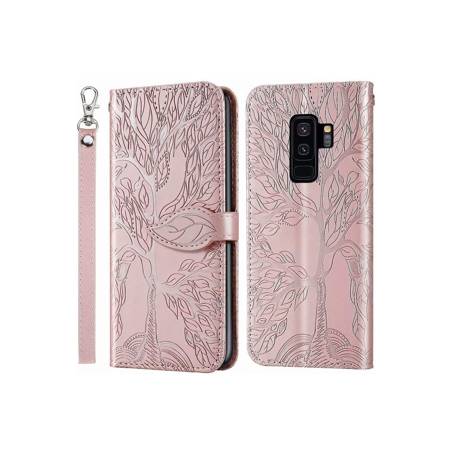 Premium PU Leather Embossed Tree Wallet Phone Case with card slots and wrist strap for Samsung Galaxy S9 Plus SM-G965
