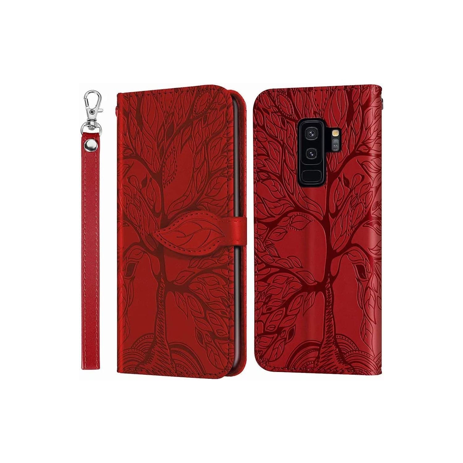 Premium PU Leather Embossed Tree Wallet Phone Case with card slots and wrist strap for Samsung Galaxy S9 Plus SM-G965