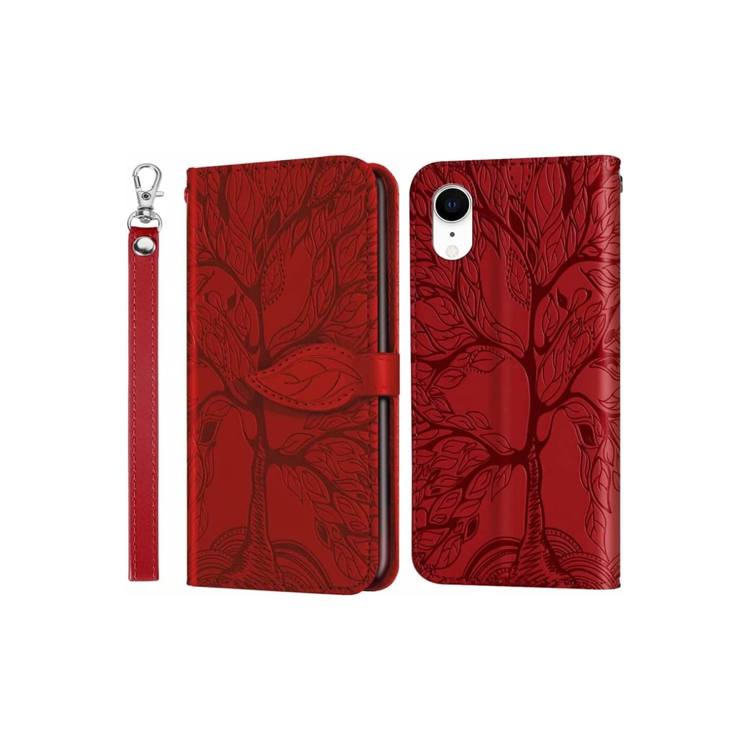 Premium PU Leather Embossed Tree Wallet Phone Case with card slots and wrist strap for iPhone XR A1984 A2105