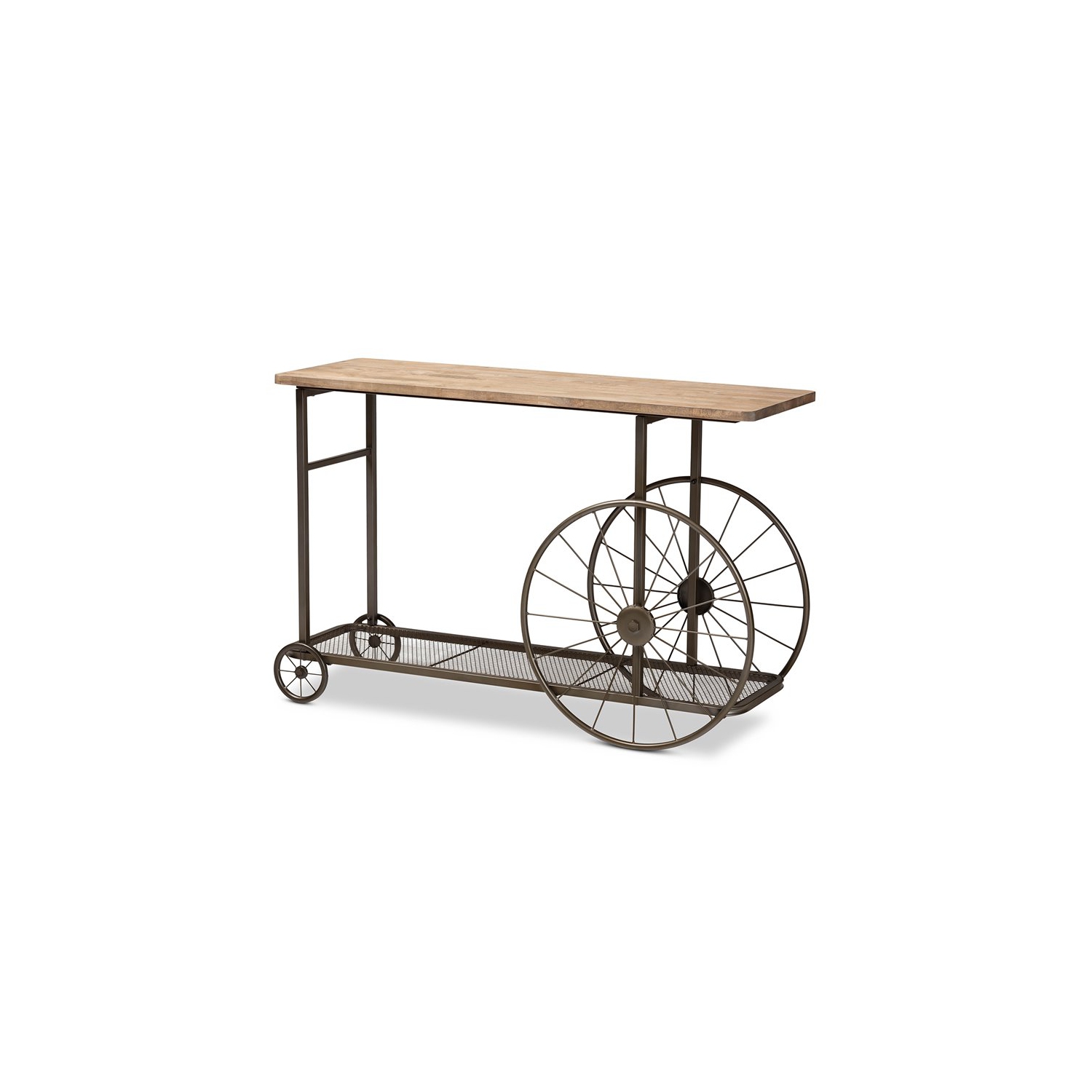 Bowery Hill Natural Finished Wood and Black Finished Metal Wheeled Table