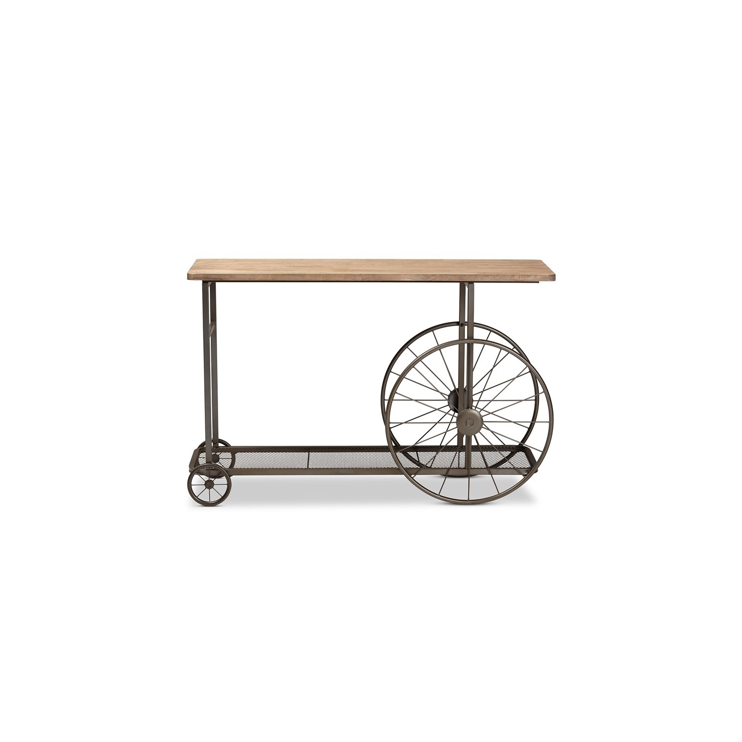 Bowery Hill Natural Finished Wood and Black Finished Metal Wheeled Table