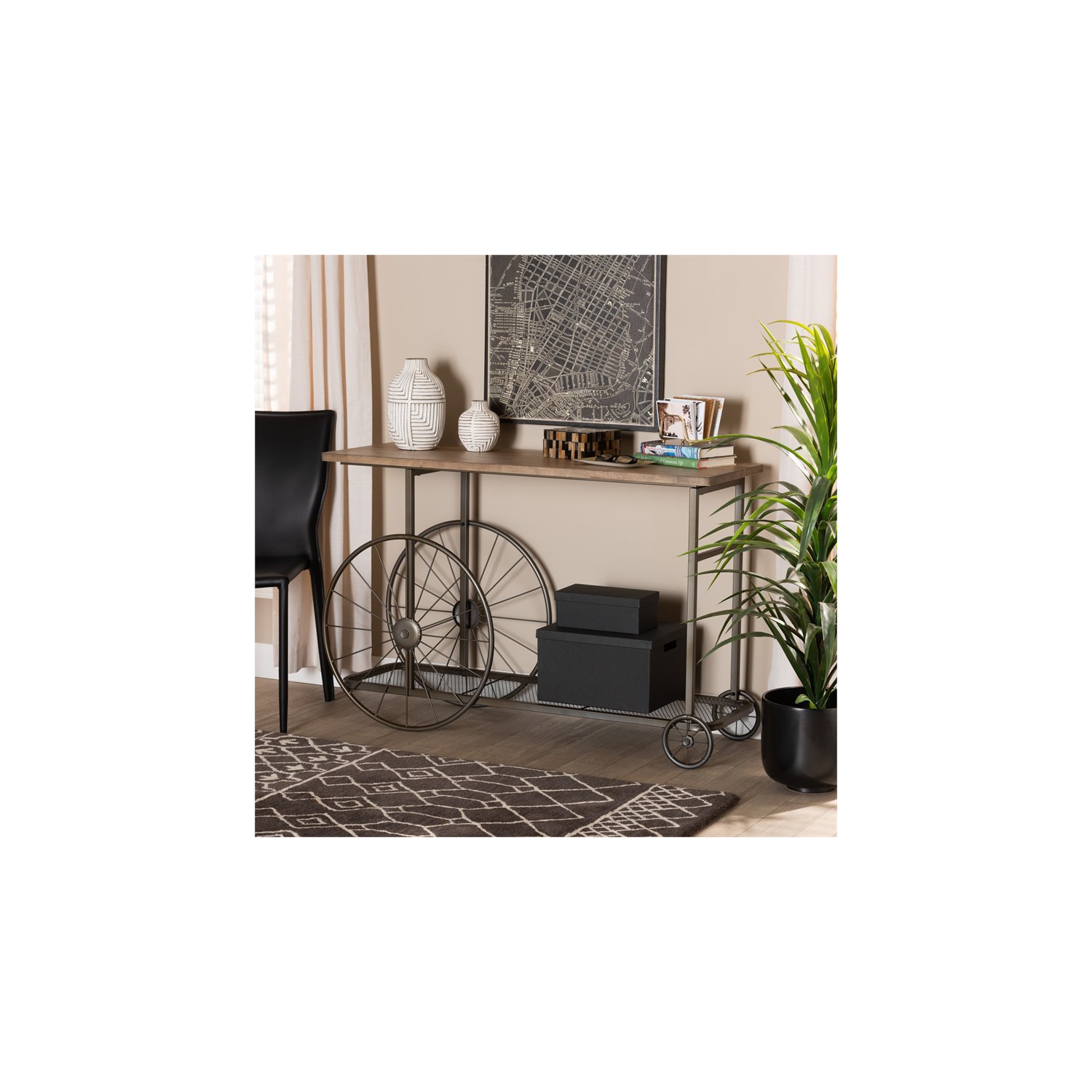 Bowery Hill Natural Finished Wood and Black Finished Metal Wheeled Table