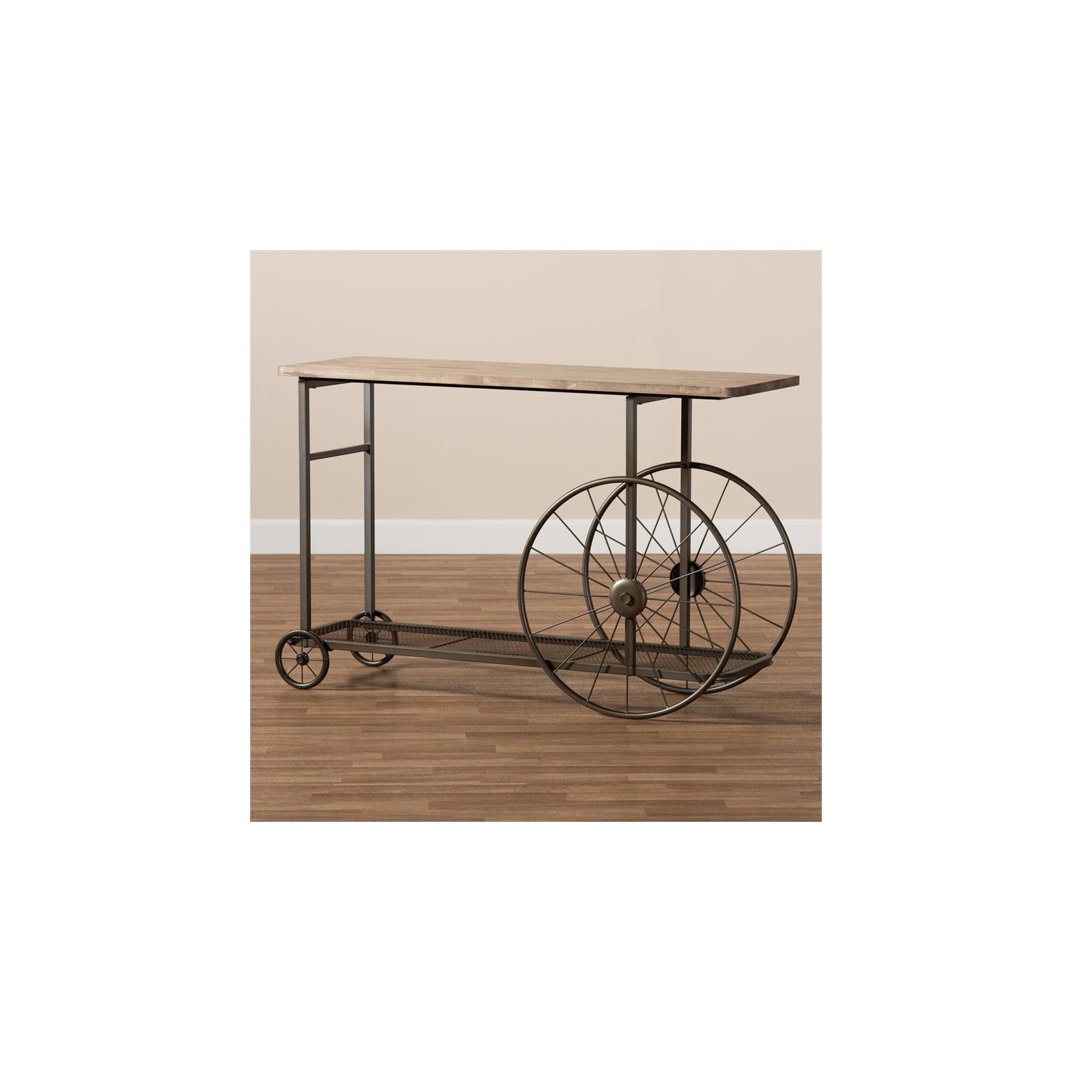 Bowery Hill Natural Finished Wood and Black Finished Metal Wheeled Table