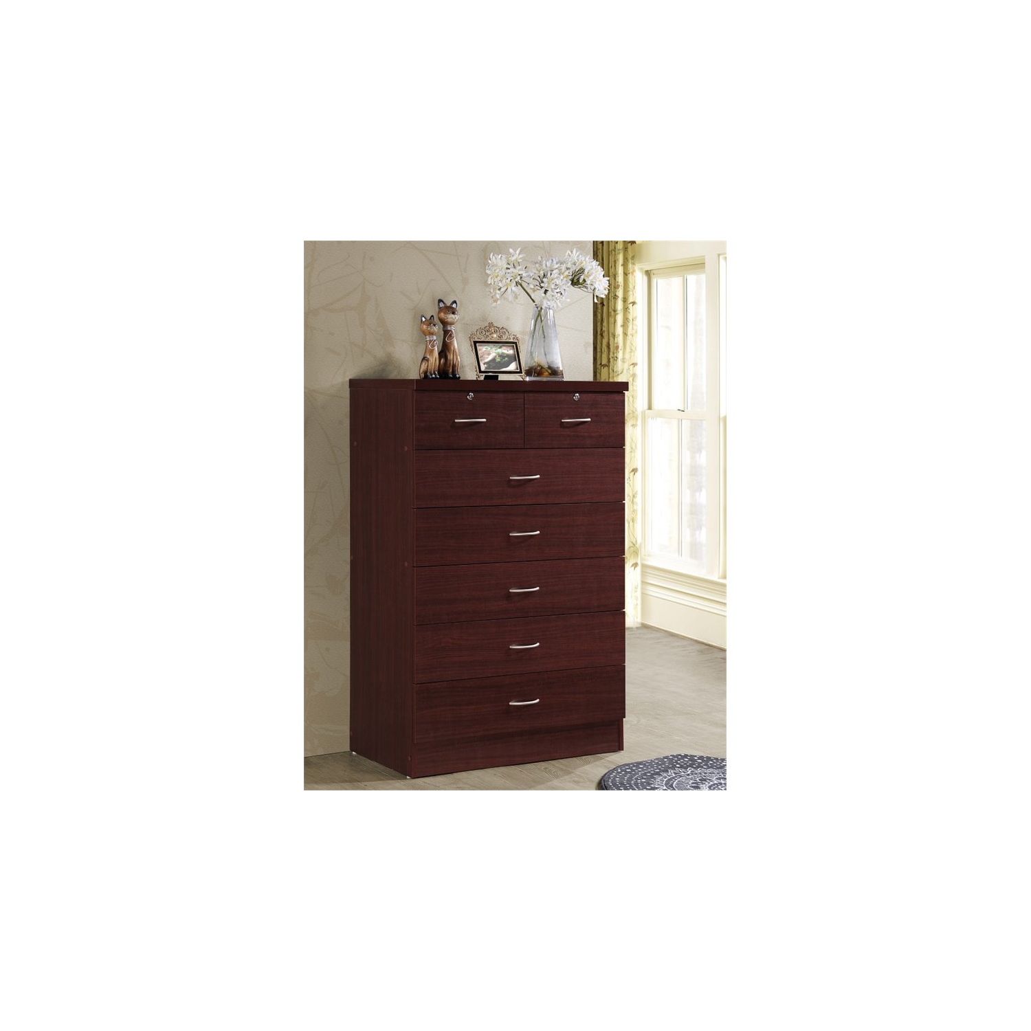 Hodedah 7 Drawer Chest with Locks on 2 Top Drawers in Mahogany Wood