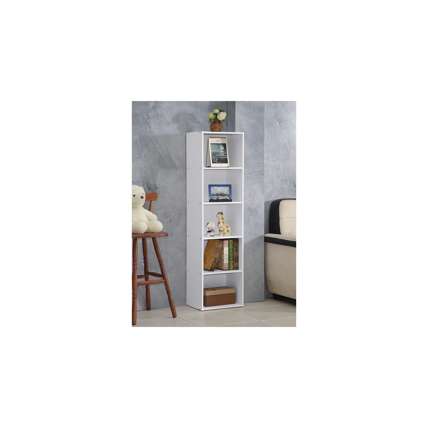 Hodedah Five Shelf Multi-Purpose Wooden Bookcase in White Finish