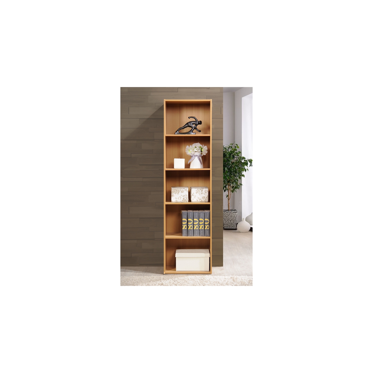Hodedah Five Shelf Multi-Purpose Wooden Bookcase in Beige Finish