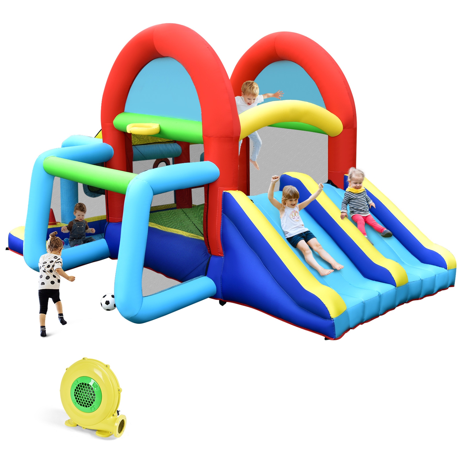 Topbuy Inflatable Bounce House 7-in-1 Kids Bouncer w/ Dual Slides Jumping Area Football Goal Basketball Hoop Ball Pit 480W Blower Included