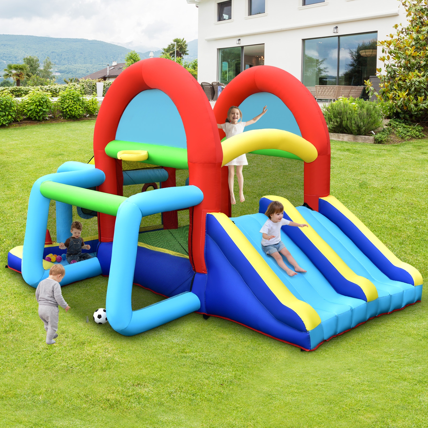 Topbuy Inflatable Bounce House 7-in-1 Kids Bouncer w/ Dual Slides Jumping Area Football Goal Basketball Hoop Ball Pit 480W Blower Included