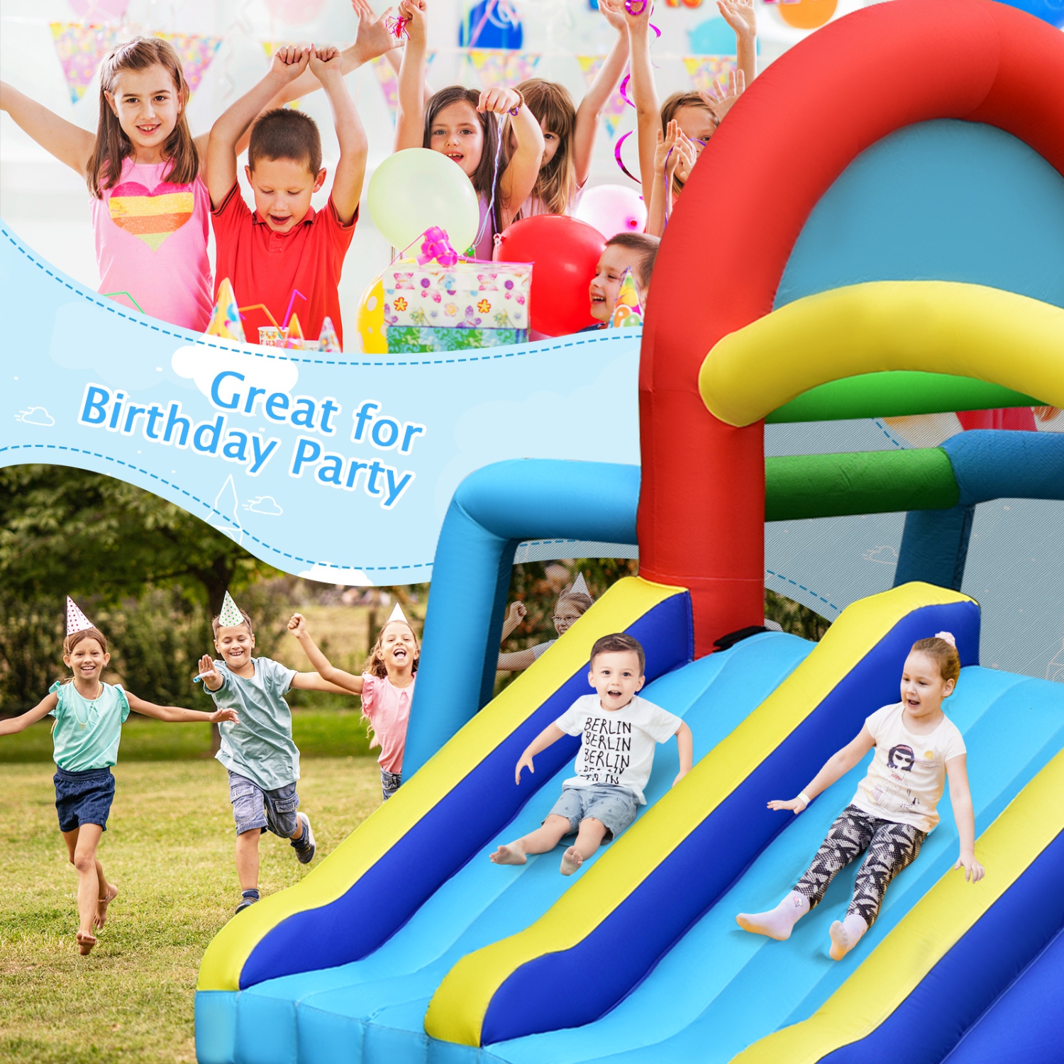 Topbuy Inflatable Bounce House 7-in-1 Kids Bouncer w/ Dual Slides Jumping Area Football Goal Basketball Hoop Ball Pit 480W Blower Included
