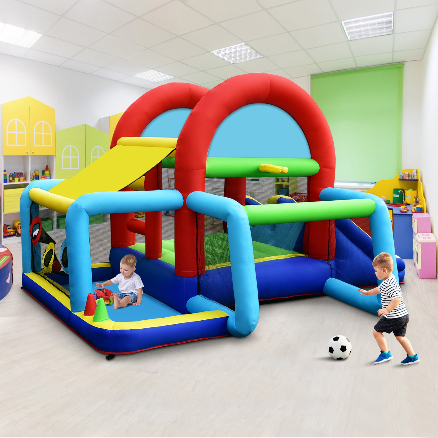 Topbuy Inflatable Bounce House 7-in-1 Kids Bouncer w/ Dual Slides Jumping Area Football Goal Basketball Hoop Ball Pit 480W Blower Included