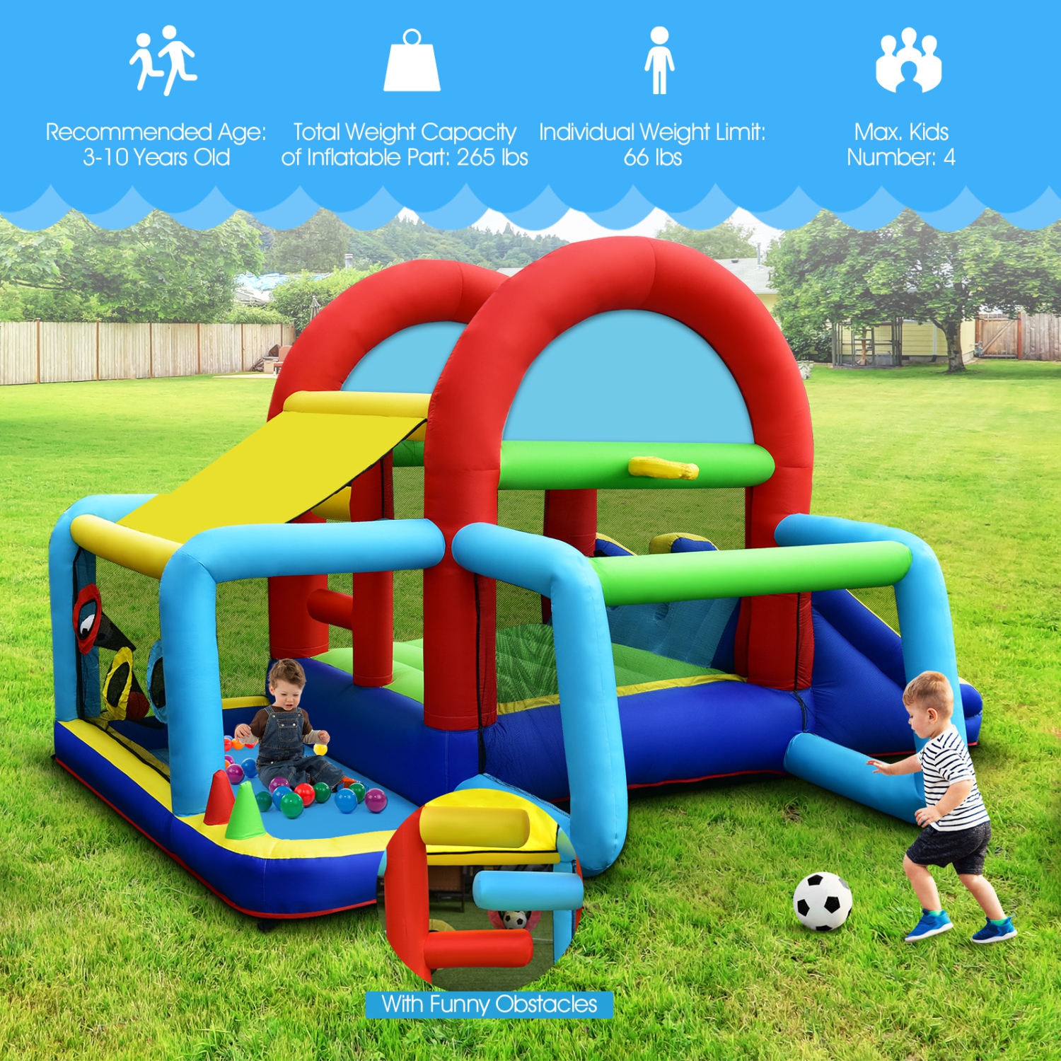 Topbuy Inflatable Bounce House 7-in-1 Kids Bouncer w/ Dual Slides Jumping Area Football Goal Basketball Hoop Ball Pit 480W Blower Included