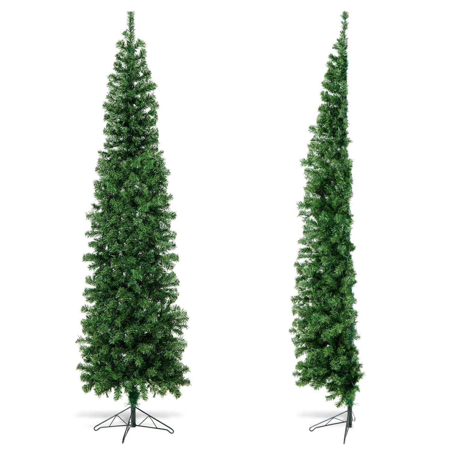 Topbuy 7 FT Pre-lit Half-Shape Christmas Tree Artificial Xmas Tree w/450 Branch Tips & 150 Warm White LED Lights, Seasonal Holiday Decoration tree w/Metal Base