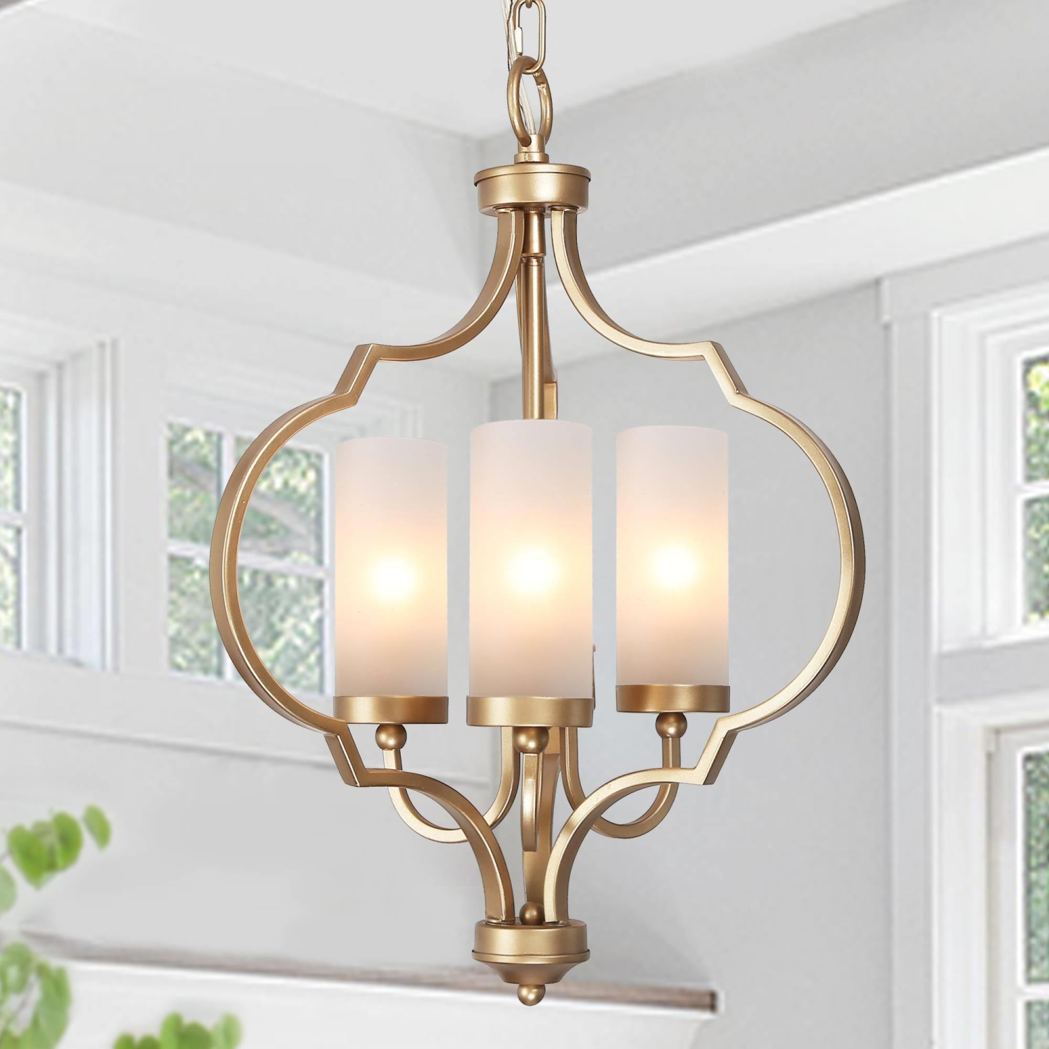 Modern Glam Gold 3-Light Unique Lantern Glass Chandelier