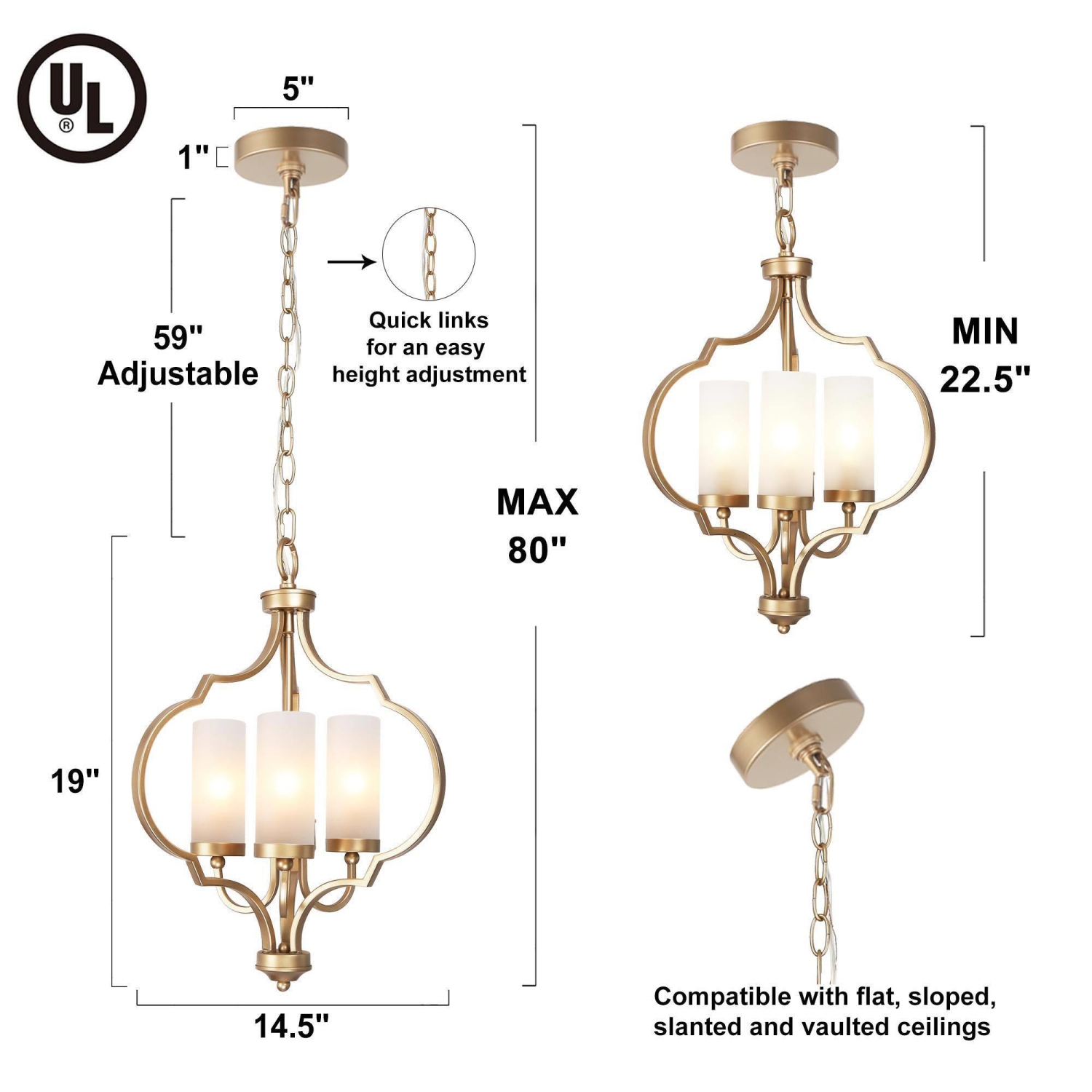 Modern Glam Gold 3-Light Unique Lantern Glass Chandelier