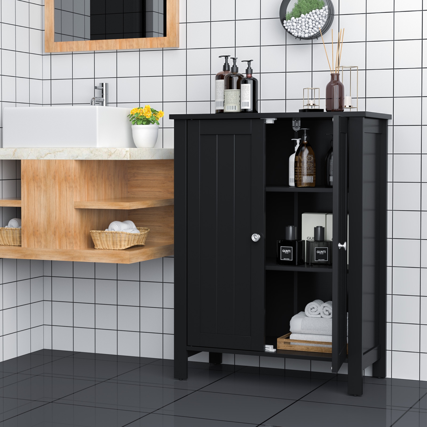 Topbuy Bathroom Storage Cabinet Floor Storage Freestanding Organizer Cabinet Black/Gray/Brown