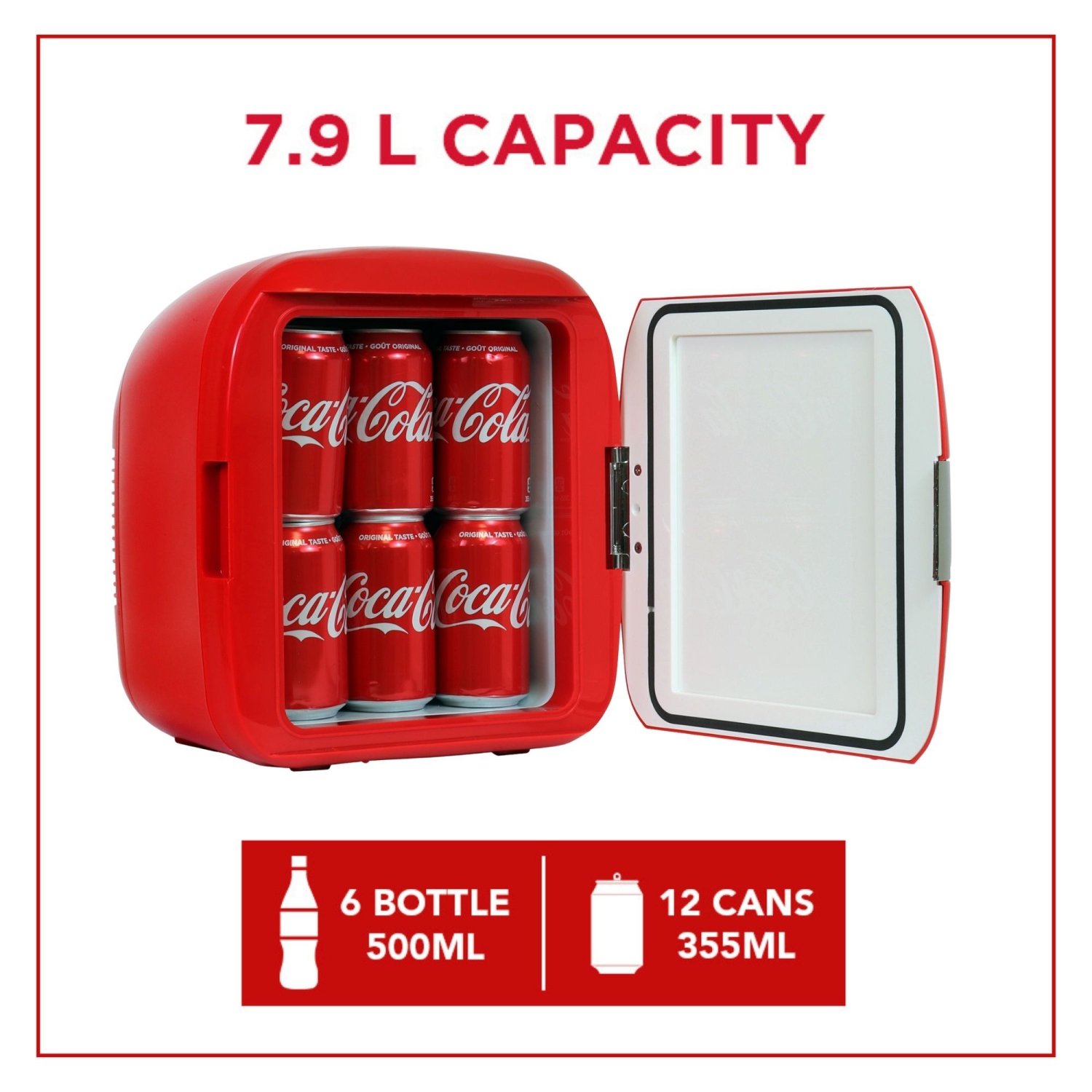 Coca-Cola Heritage 12 Can Portable Mini Fridge 12V DC 110V AC Cooler/Warmer 7.9L, Personal Travel Fridge, Drinks Snacks Lunch Takeout, Includes 12V