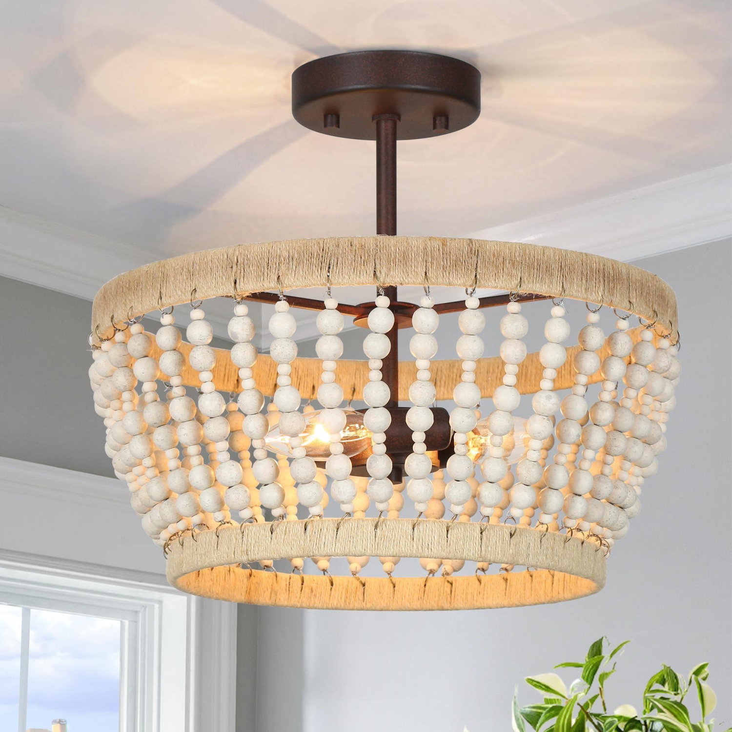 Plafonnier semi-encastré à 3 lumières en bois et à billes boho