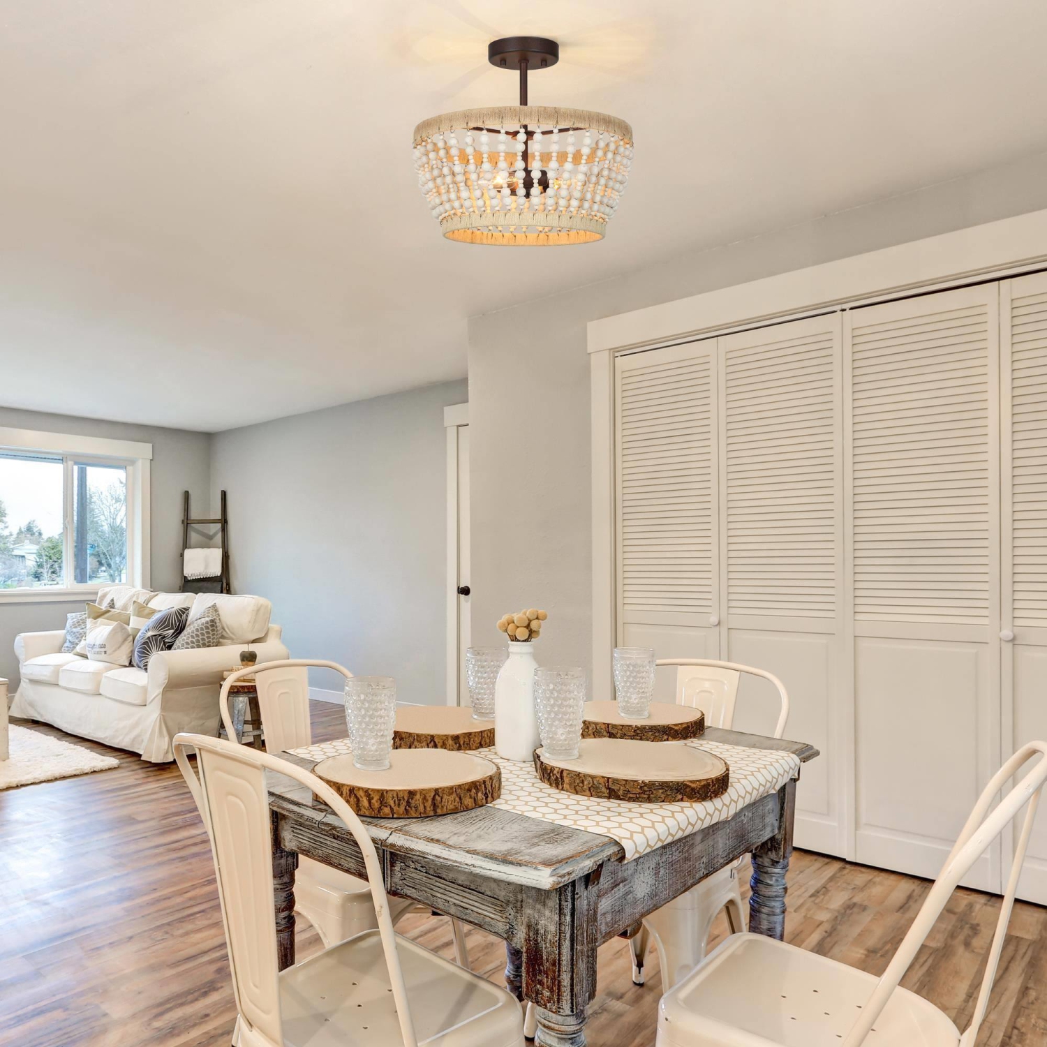 Plafonnier semi-encastré à 3 lumières en bois et à billes boho