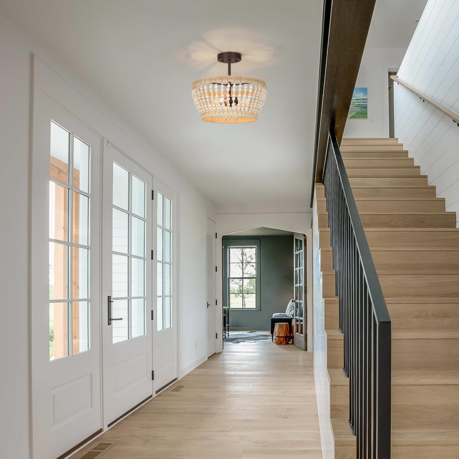 Plafonnier semi-encastré à 3 lumières en bois et à billes boho