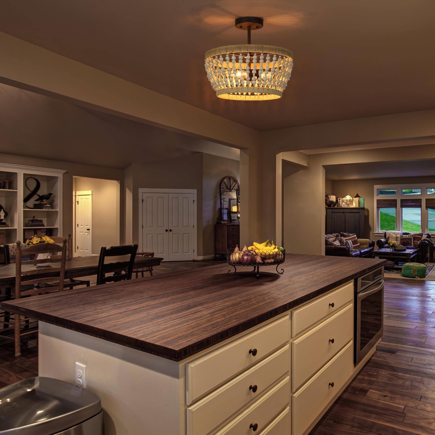 Plafonnier semi-encastré à 3 lumières en bois et à billes boho