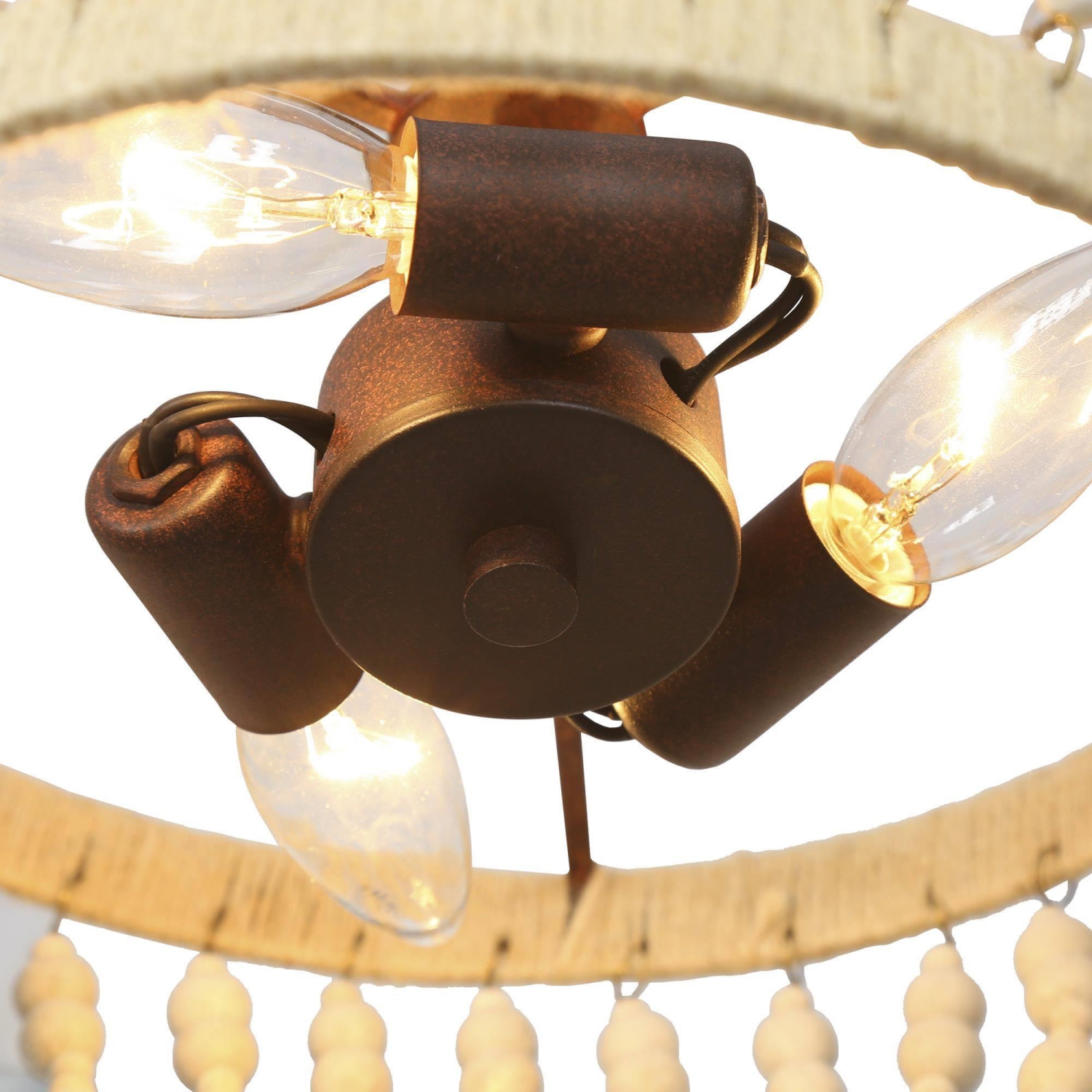 Plafonnier semi-encastré à 3 lumières en bois et à billes boho