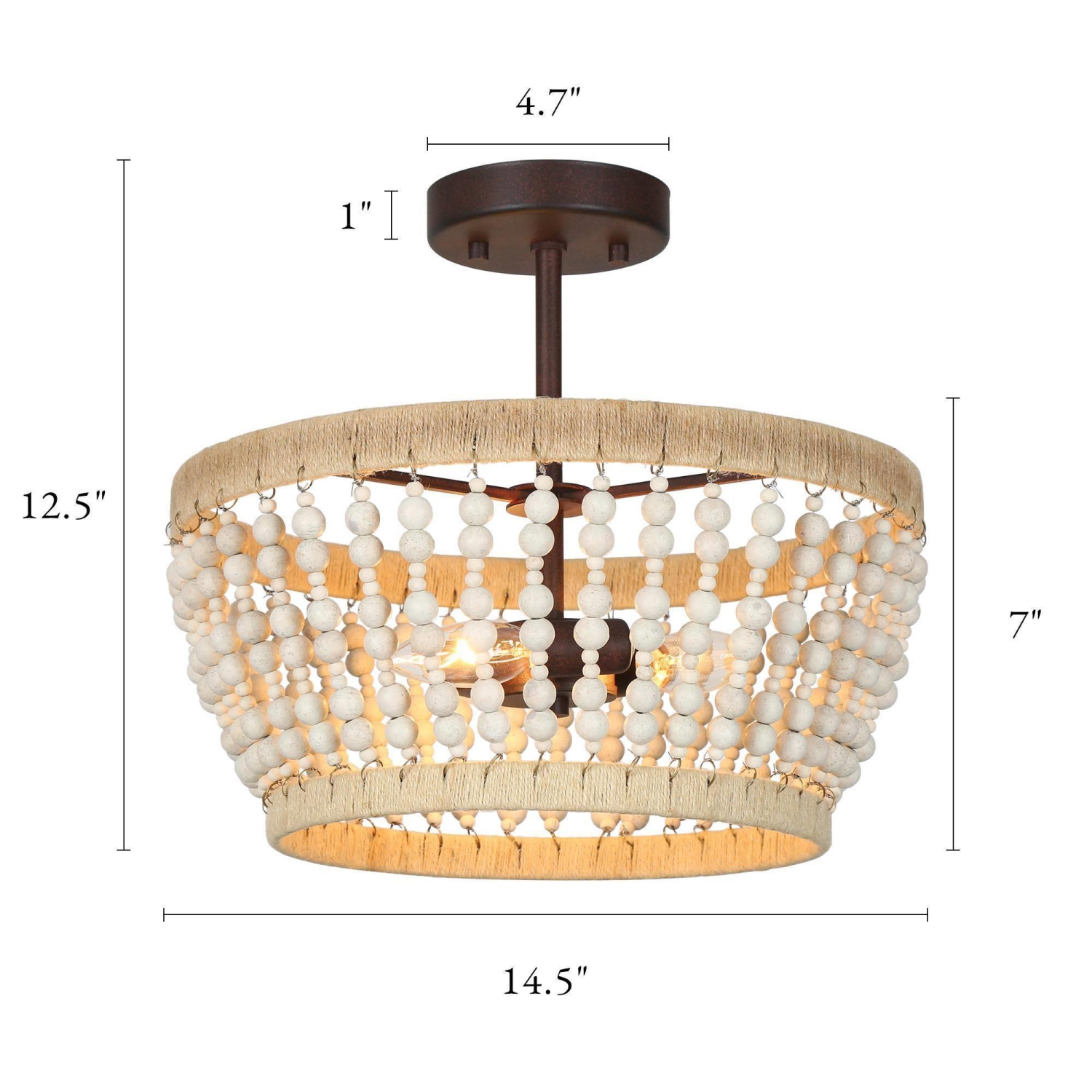 Plafonnier semi-encastré à 3 lumières en bois et à billes boho