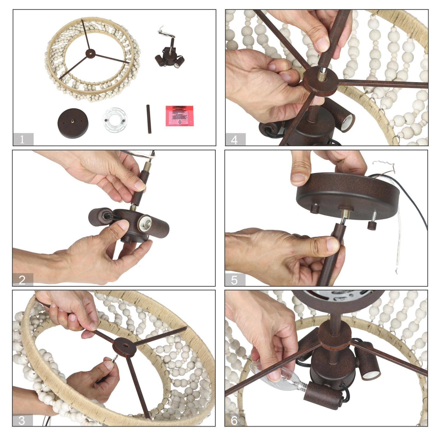 Plafonnier semi-encastré à 3 lumières en bois et à billes boho