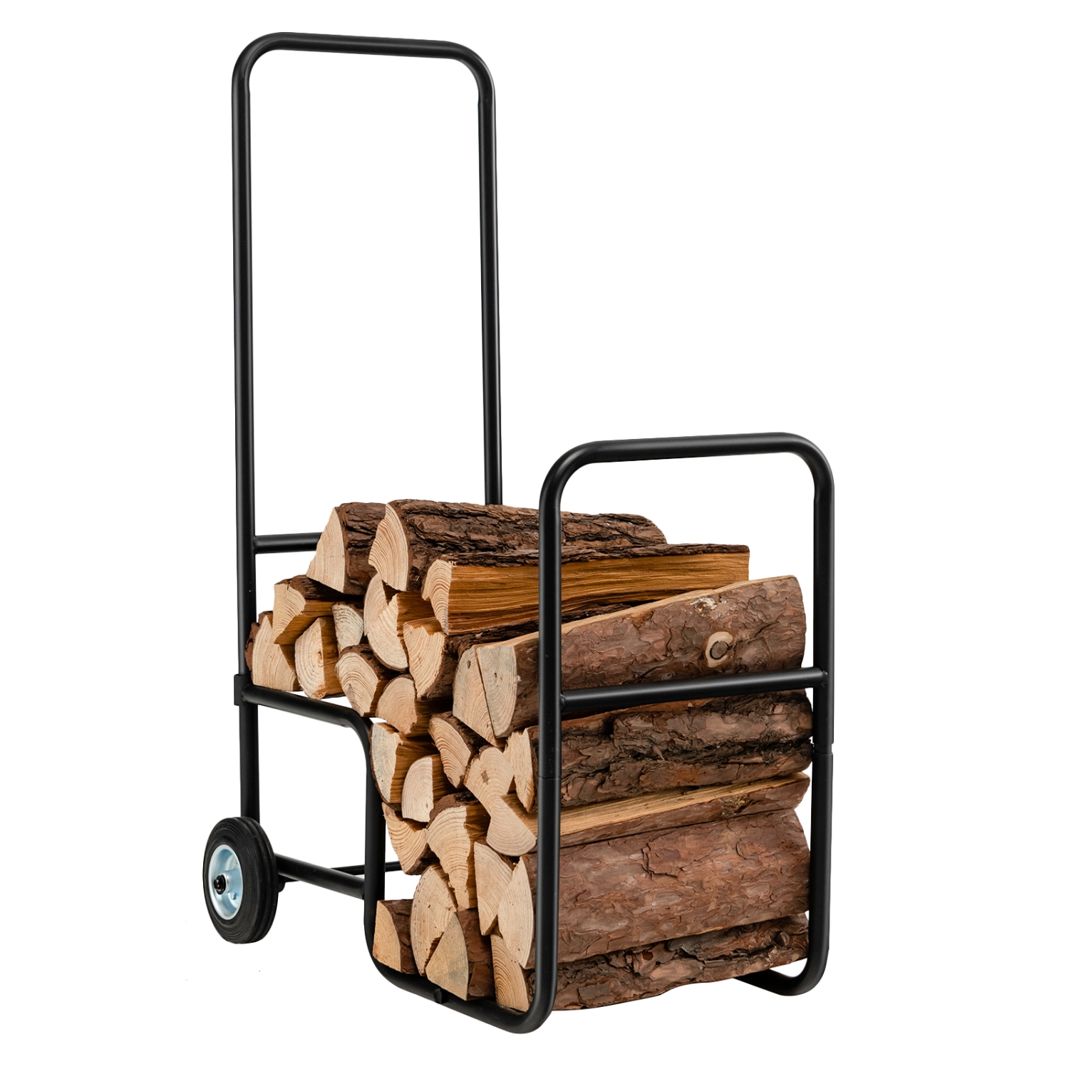 Topbuy Firewood Log Cart Carrier, Wood Hauler with 2 Rubber Wheels & Ergonomic Handle Heavy-Duty Steel Frame Indoor Outdoor Fireplace Tools