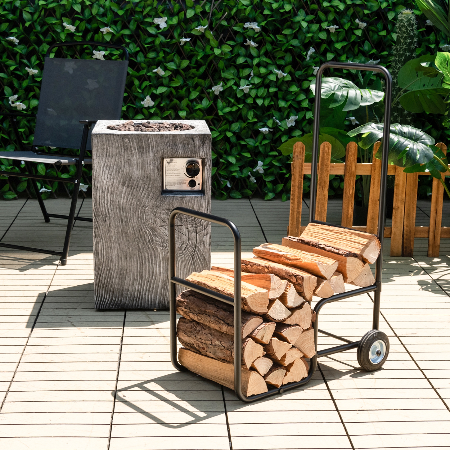 Topbuy Firewood Log Cart Carrier, Wood Hauler with 2 Rubber Wheels & Ergonomic Handle Heavy-Duty Steel Frame Indoor Outdoor Fireplace Tools