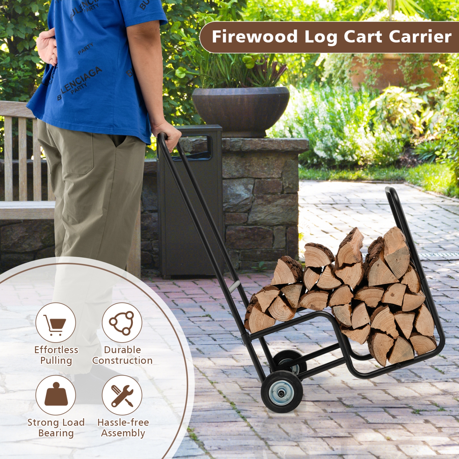 Topbuy Firewood Log Cart Carrier, Wood Hauler with 2 Rubber Wheels & Ergonomic Handle Heavy-Duty Steel Frame Indoor Outdoor Fireplace Tools