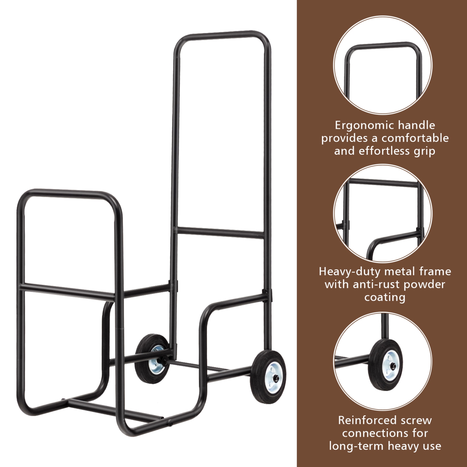 Topbuy Firewood Log Cart Carrier, Wood Hauler with 2 Rubber Wheels & Ergonomic Handle Heavy-Duty Steel Frame Indoor Outdoor Fireplace Tools