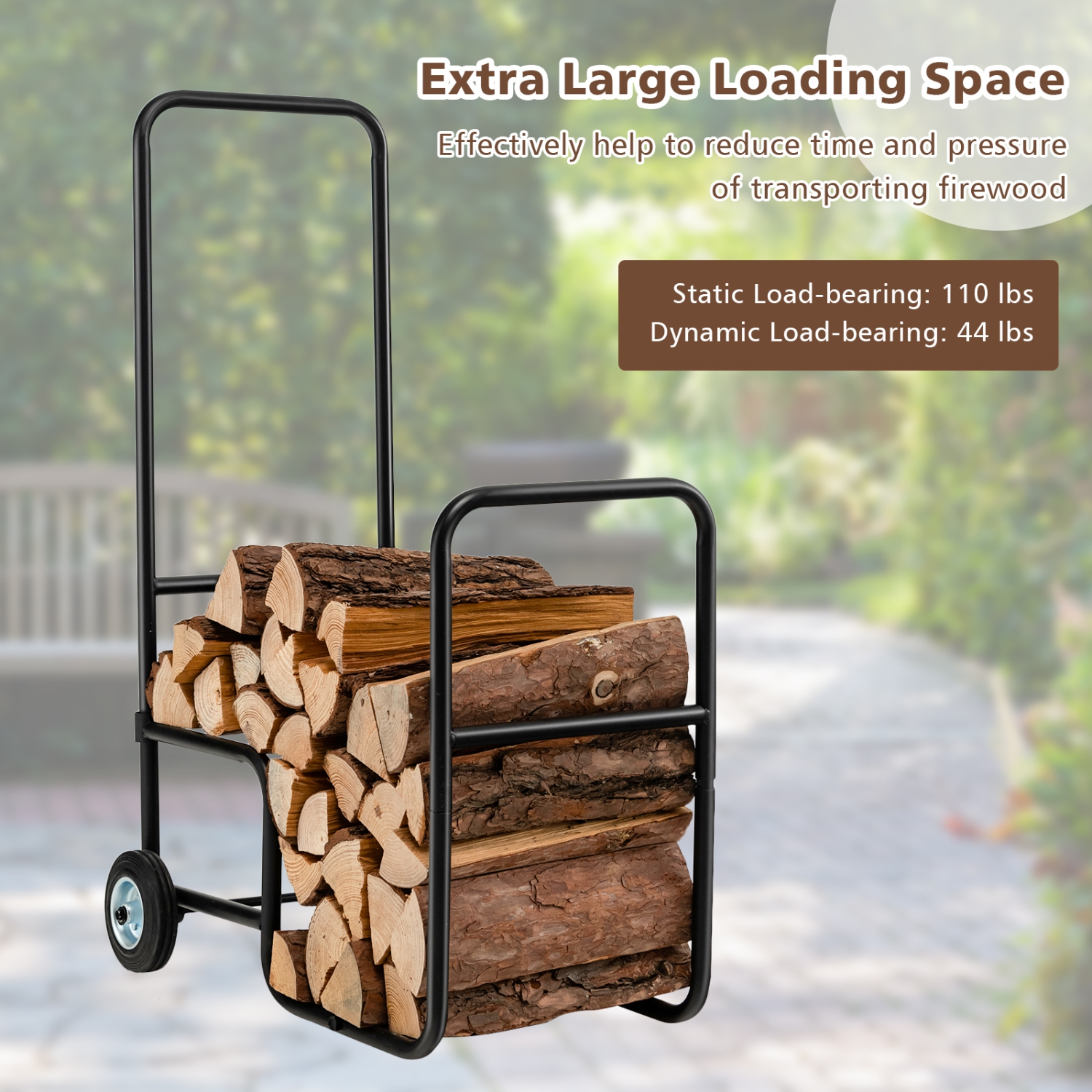 Topbuy Firewood Log Cart Carrier, Wood Hauler with 2 Rubber Wheels & Ergonomic Handle Heavy-Duty Steel Frame Indoor Outdoor Fireplace Tools