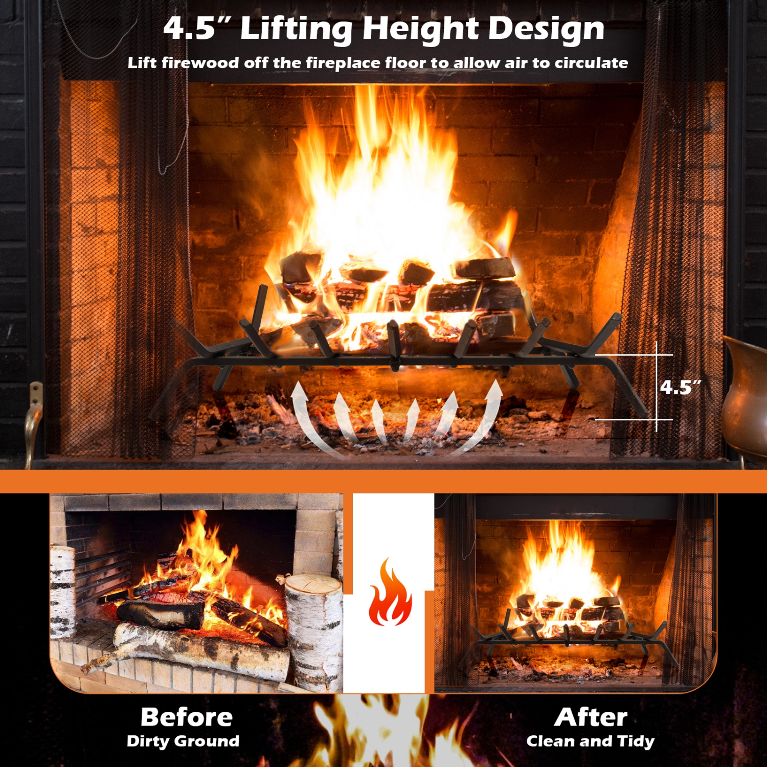 Topbuy 31/25/18-Inch Fireplace Log Grate Heavy Duty Solid Steel Fireplace Log Holder with 7 1/2" Steel Bars Indoor Outdoor Grill Fireplace Log Grate