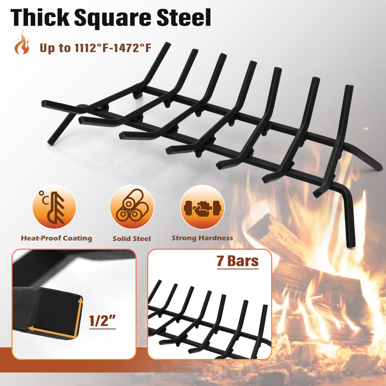 Topbuy 31/25/18-Inch Fireplace Log Grate Heavy Duty Solid Steel Fireplace Log Holder with 7 1/2" Steel Bars Indoor Outdoor Grill Fireplace Log Grate
