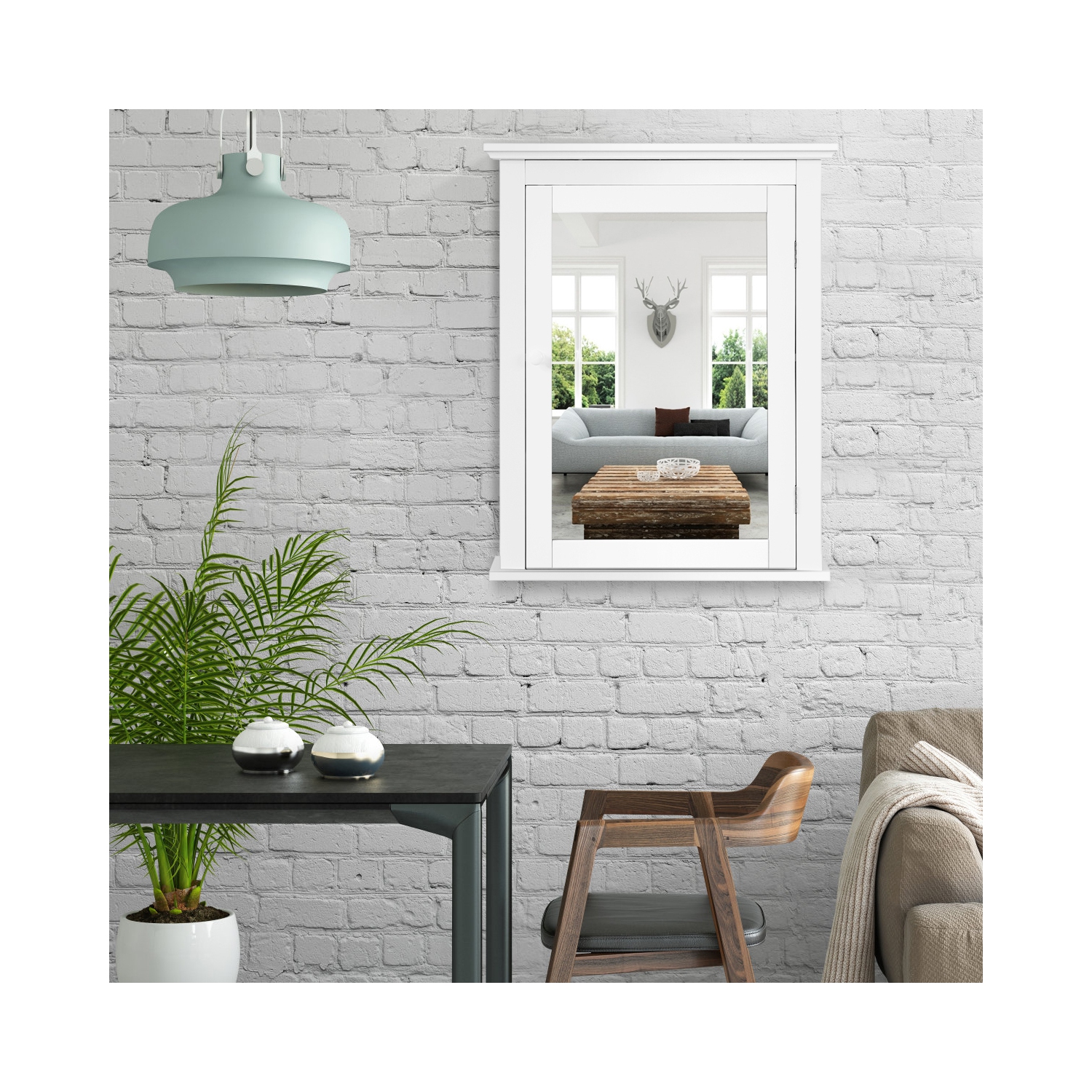 Armoire de rangement murale avec miroir pour salle de bains TopBuy, tablette réglable, blanc