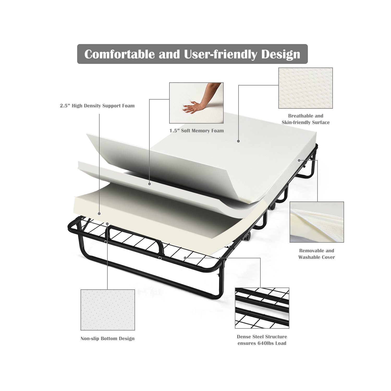 Topbuy Folding Bed with Memory Foam Mattress Rollaway Guest Bed Daybed