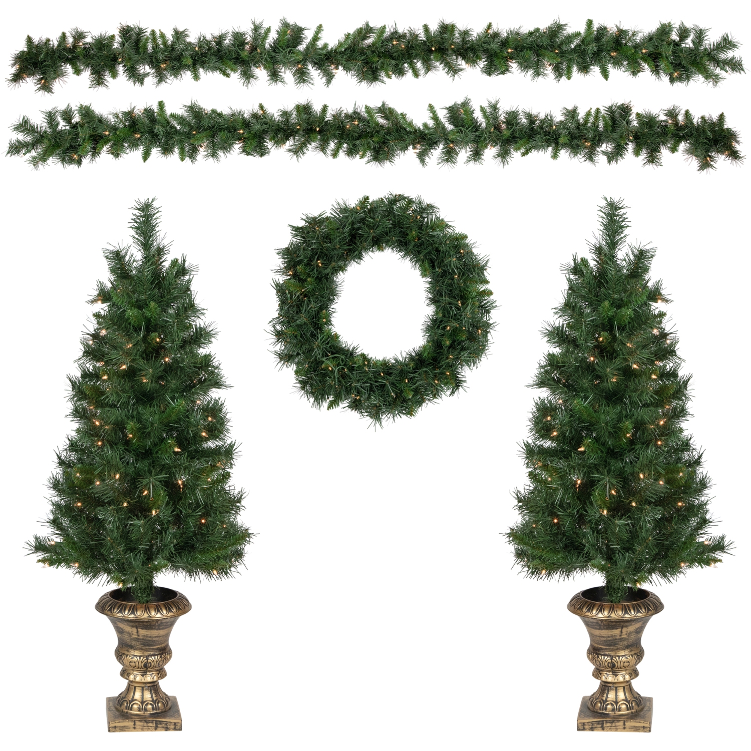 Pre-Lit Battery Operated Norwich Pine Artificial Christmas Entryway Set - 5-Piece - Clear Lights