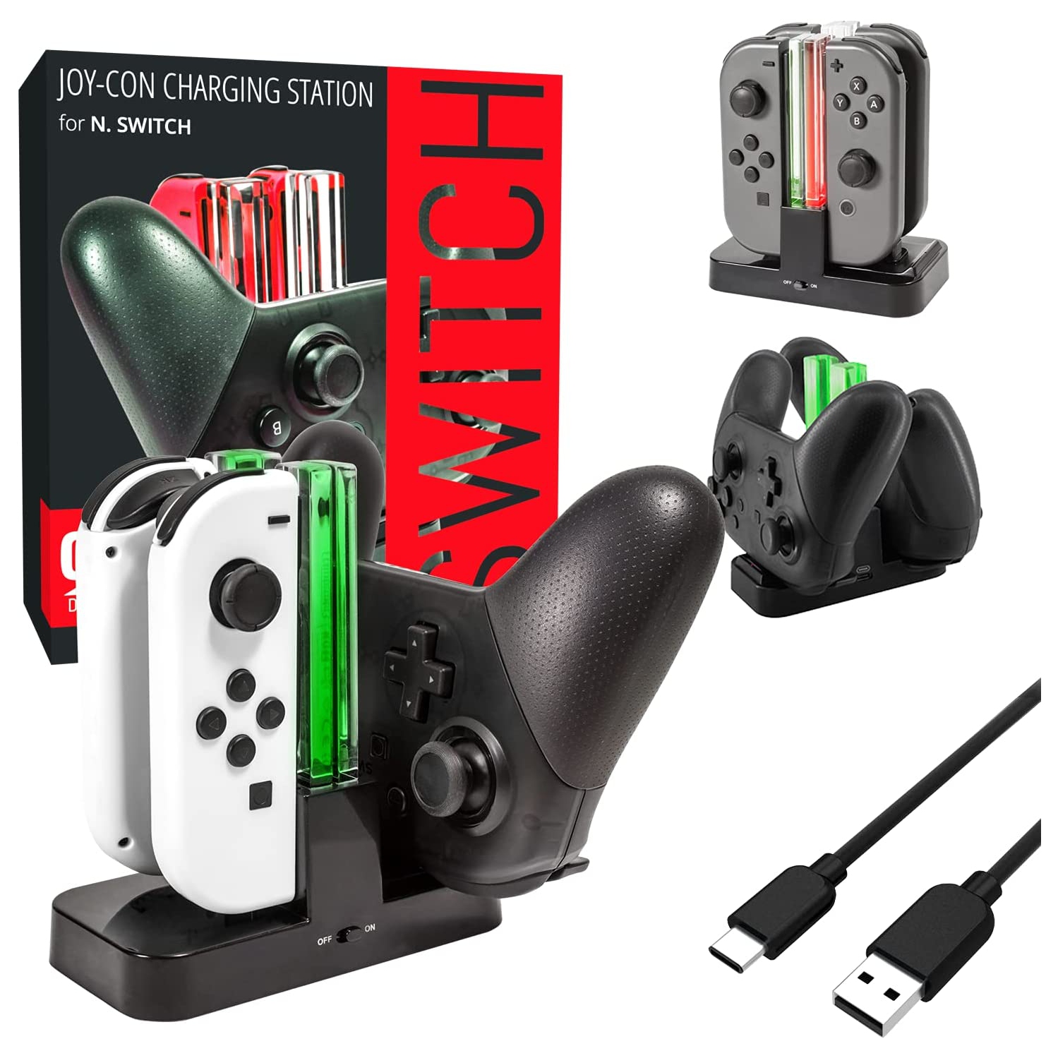 Switch Pro Controller Dock, [with Individual Charge LED Indicator Lights & USB TypeC Cable] for Charging up to Four Nintendo Switch Joy-Cons (or 1 Pro Control