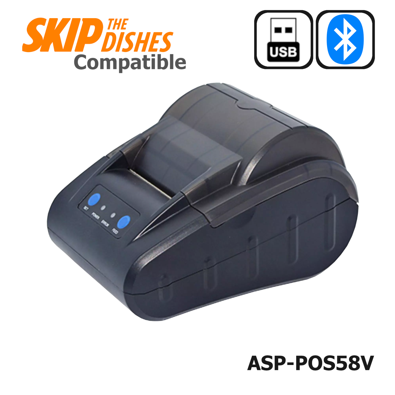 Imprimante de reçus thermique USB/Bluetooth pour papier 58 mm de largeur ASP-POS58V compatible avec les plats Skip