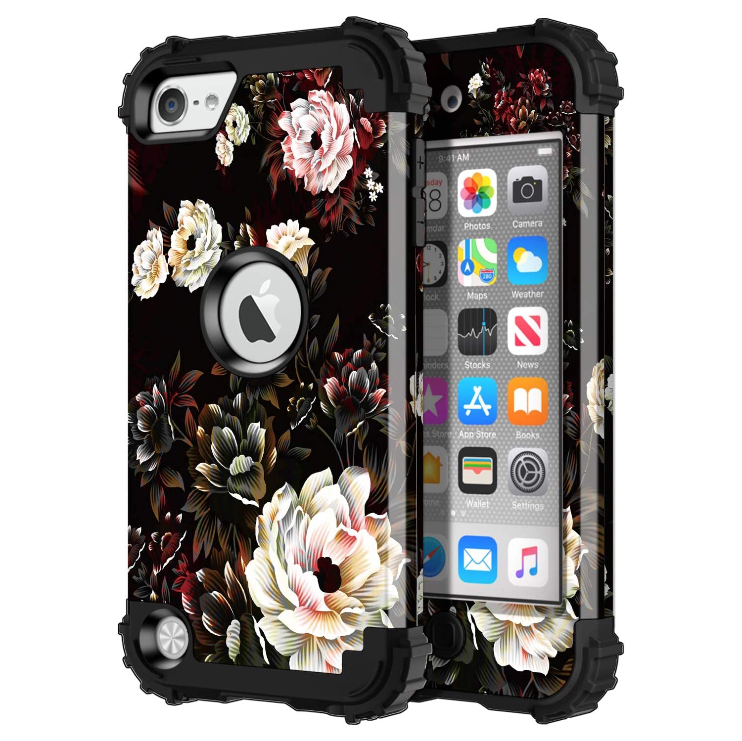 iPod Touch 7 2019 Case, for iPod Touch 6/5 Case Floral 3 in 1 Heavy Duty Hybrid Sturdy High Impact Shockproof Cover Case for Apple iPod Touch 7th/6th/5th Generation, White Flower