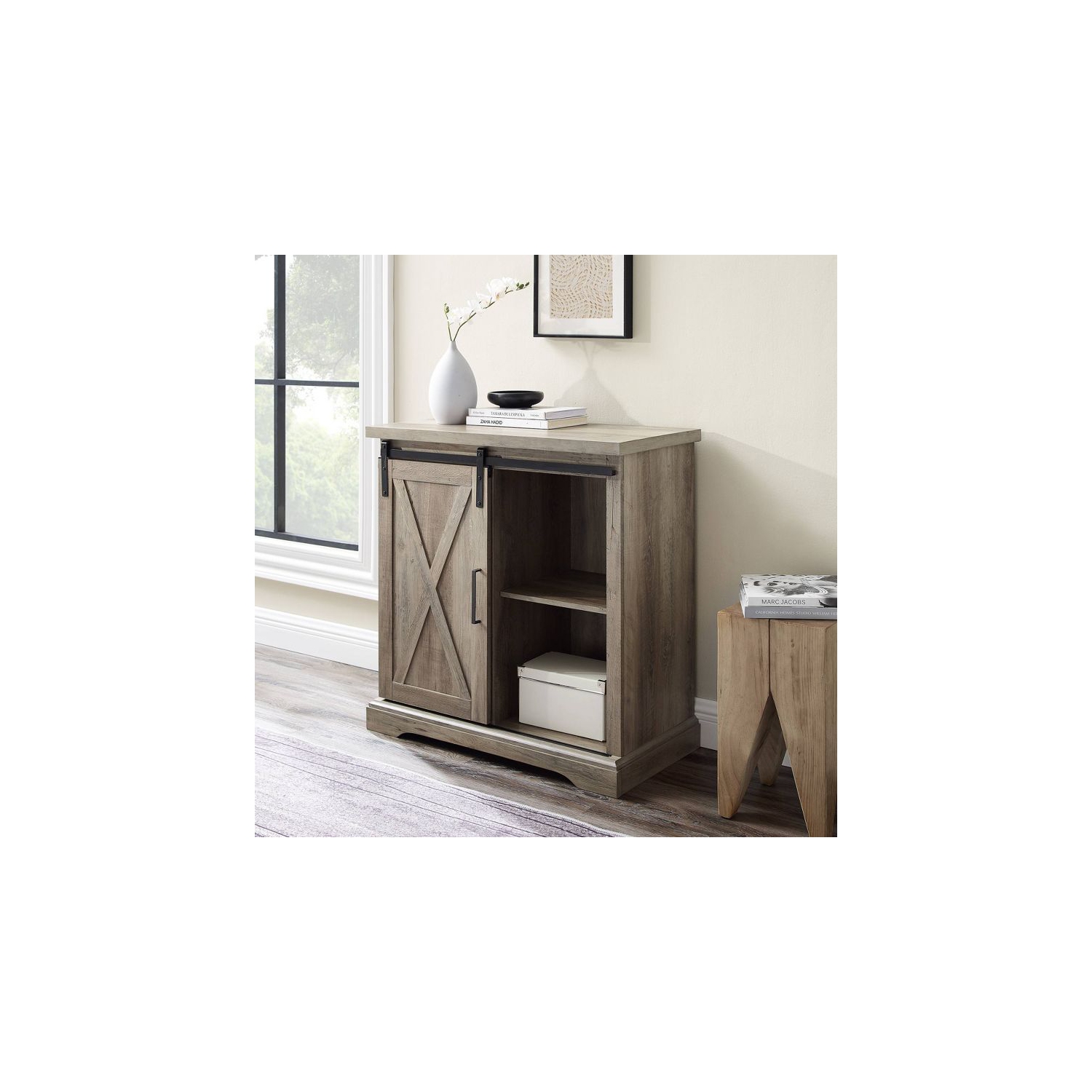 Tertia Rustic Farmhouse Accent Cabinet with Sliding X Barn Door - Saracina Home - Solid White/Rustic Oak