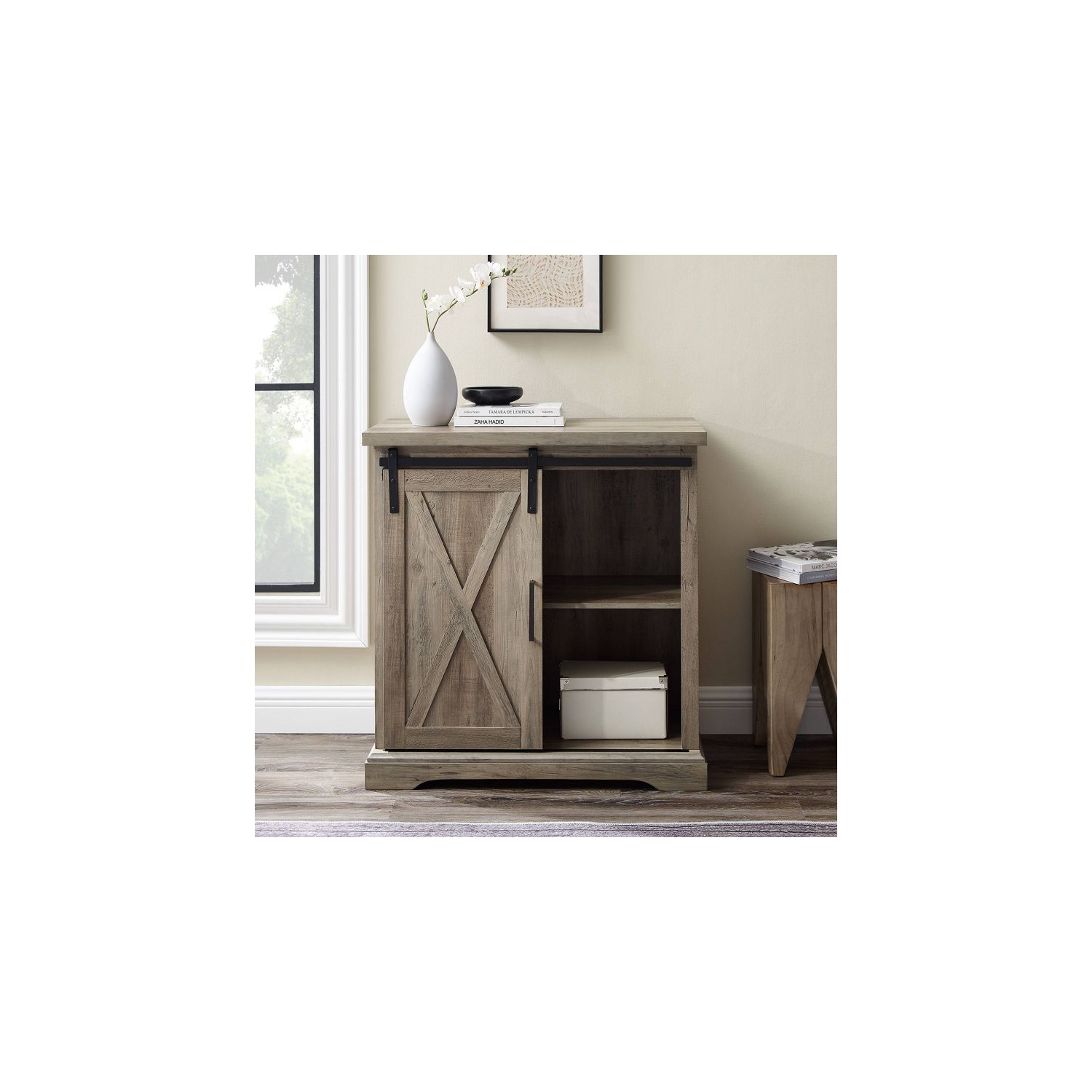 Tertia Rustic Farmhouse Accent Cabinet with Sliding X Barn Door - Saracina Home - Gray Wash