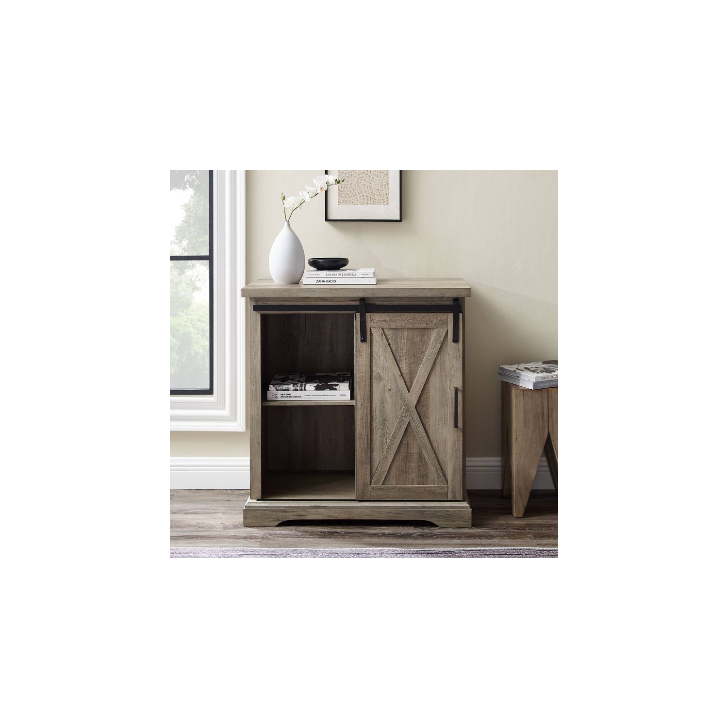 Tertia Rustic Farmhouse Accent Cabinet with Sliding X Barn Door - Saracina Home - Gray Wash